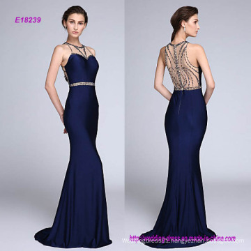 Formal Evening Dress Trumpet Mermaid Jewel Sweep Brush Train Tulle Jersey with Beading